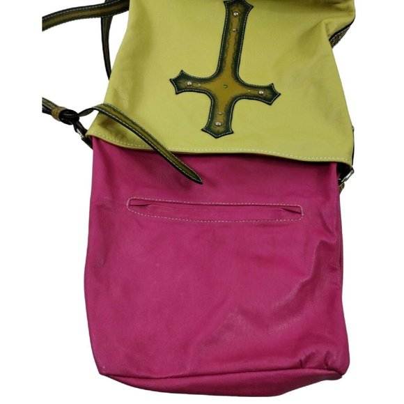 Leather Purse with Studded Religious Cross Crossbody Bag Chartreuse Yellow - Picture 13 of 13